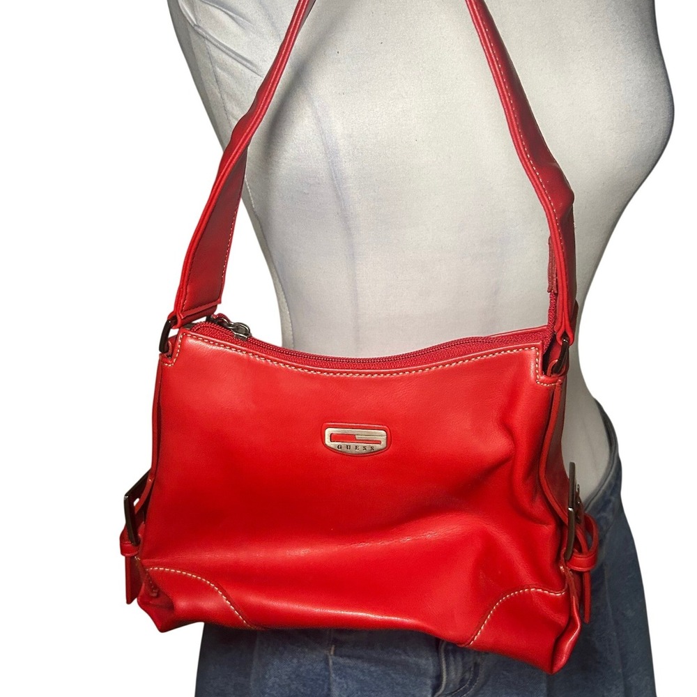 Vintage Guess Shoulder Bag Small Red Silver Buckle Detail Baguette Purse Y2K